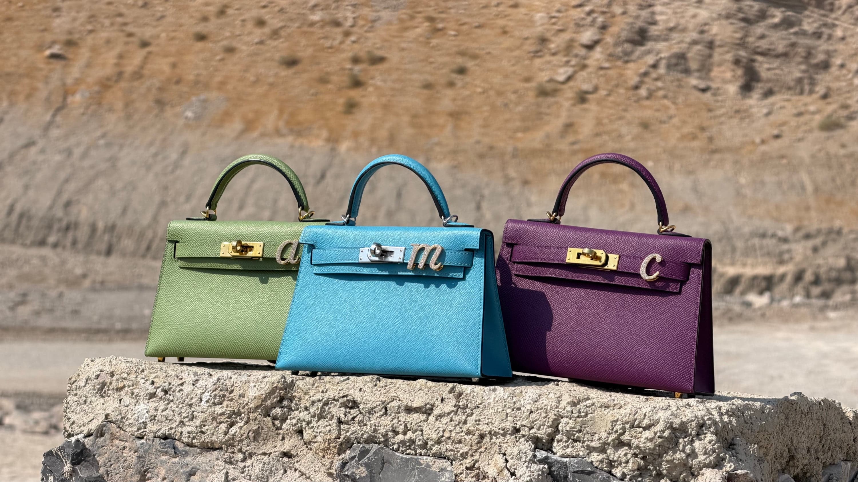 Named bag charm: pavé letters on mini Kelly bags